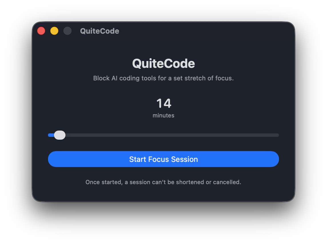QuiteCode in dark mode: pick a session length and start a focus session