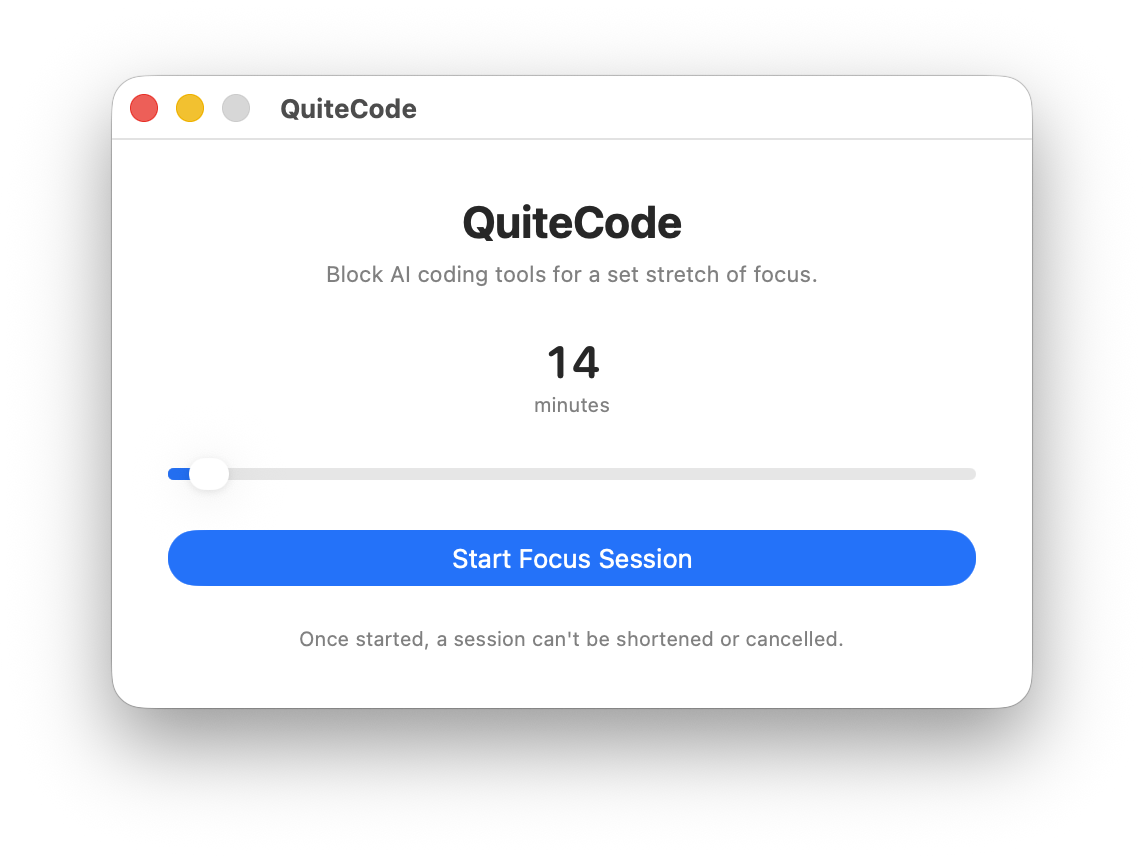 QuiteCode in light mode: pick a session length and start a focus session